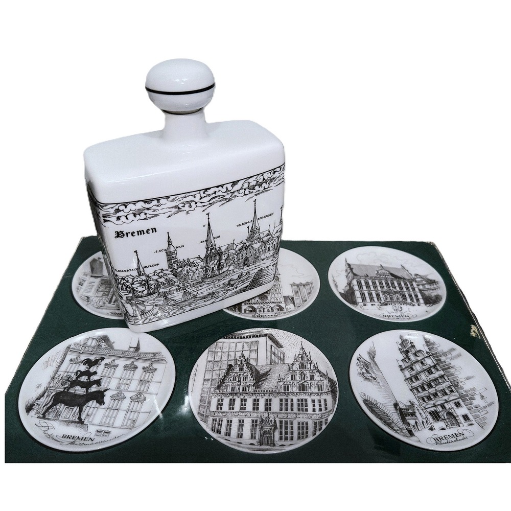 Bremen Porcelain Decanter & Boxed Trinket Dish Plate Set of 6 – Vintage Germany